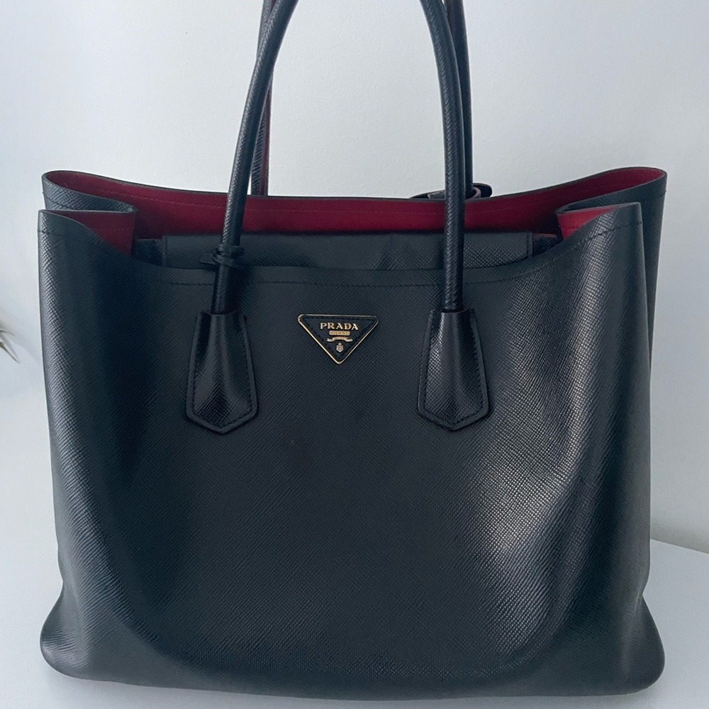 PRADA Black Large Saffiano Cuir Double Bag